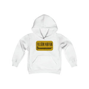 White youth hooded sweatshirt with "TILLER MAFIA" graphic and kangaroo pocket.