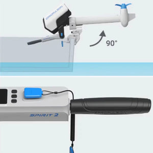 Illustration of the ePropulsion Spirit 2 90-degree tilt feature for shallow water use, alongside a close-up of the magnetic kill switch lanyard.