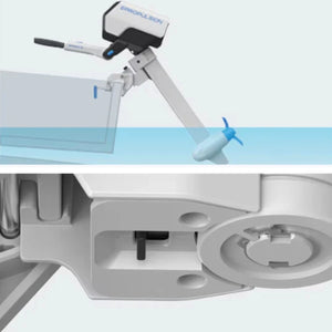The ePropulsion Spirit 2 outboard motor showing its shallow water drive position and a close-up of the robust transom mounting hardware.