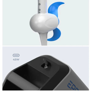 Close-up of the ePropulsion Spirit 2 advanced blue propeller design and the 45W Type-C power output port.