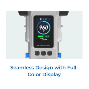 The full-color digital display of the ePropulsion Spirit 2 showing real-time power consumption, battery percentage, and remaining range.