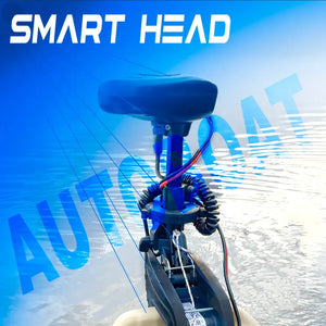 Close-up of AUTOBOAT Smart Head GPS Pro Anchor System mounted on a 12V Minn Kota 30–55lb trolling motor showing the GPS control head unit