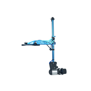 Blue mechanical arm with a motor on a white background