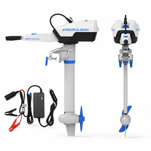 ePropulsion Spirit 1.0 Plus electric outboard motor shown from side and front profiles alongside its included 12V charger kit.