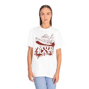 A woman modeling a white short-sleeve t-shirt with a red and black 'MUD RATS' graphic on the front, paired with light blue jeans against a plain white background.