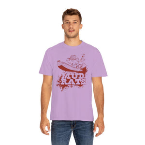 A man wearing a light purple crewneck t-shirt with a red graphic of a mud rat and the text 'MUD RATS', paired with blue jeans, against a plain white background.