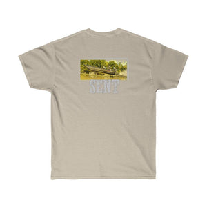 A light beige crewneck t-shirt shown from the back, featuring a rectangular graphic print of a canoe on a river with the word 'SENT' printed below in a distressed gray font.