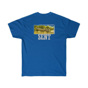 A royal blue short-sleeve t-shirt with a graphic on the chest depicting a boat on water with the word 'SENT' printed below in distressed white letters, shown against a plain white background.