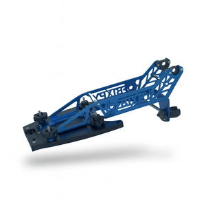Blue metal stand with 'AXCEL' branding on a white background