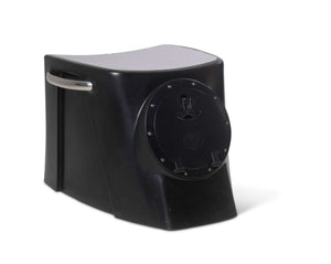 Black RPD 1019 rotationally molded polyethylene center console for Jon boat with stainless steel grab handle.
