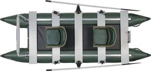 Dark Hunter Green Sea Eagle 375fc FoldCat inflatable fishing boat with two seats and oars.