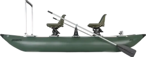 Dark Hunter Green Sea Eagle 375fc FoldCat inflatable fishing boat with two seats, oars, and a standing bar.