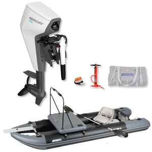 Showcasing the Sea Eagle FishTuff14™ inflatable skiff with Fishing Rig Package, Mercury Avator 7.5e electric motor, battery package, carrying bag, hand pump, and accessories arranged on a white background.
