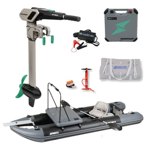 Featuring a Sea Eagle FishTuff14™ inflatable skiff with Fishing Rig Package, Newport NT300 electric motor, battery, charger, carrying bag, hand pump, and accessories displayed on a white background.