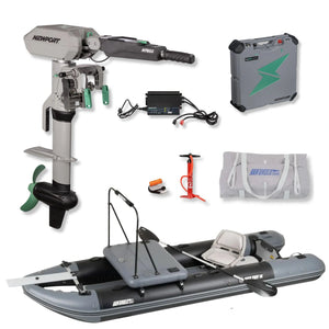 Fishing-ready Sea Eagle FishTuff14™ inflatable skiff with Swivel Seat Package, Newport NT600 electric motor, battery, charger, carrying bag, hand pump, and accessories arranged on a white background.