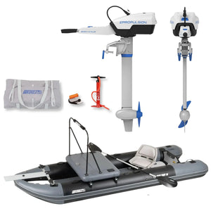 Sea Eagle FishTuff14™ inflatable skiff with Swivel Seat Package, ePropulsion Spirit 1.0 Plus short-shaft electric motor, battery package, carrying bag, hand pump, and accessories displayed on a white background.