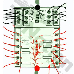 Diagram of a 12-way TBNation marine-grade fuse block with negative busbar, showing red positive and black negative wiring.