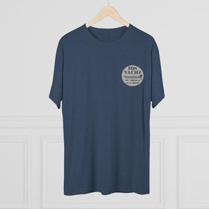 Black t-shirt with a logo on a hanger against a gray background