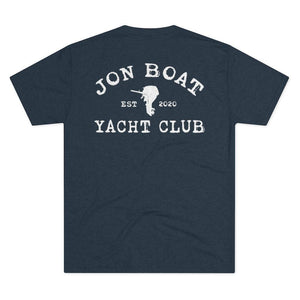 A navy blue short-sleeve t-shirt shown from the back, featuring a distressed white graphic print that reads 'JON BOAT YACHT CLUB' with 'EST 2020' and a small boat outline in the center.