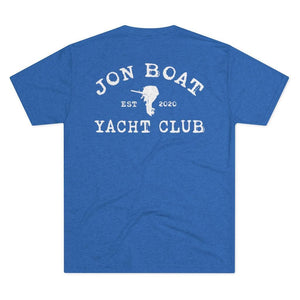 A heather blue short-sleeve t-shirt shown from the back, featuring a white graphic print that reads 'JON BOAT YACHT CLUB' with 'EST 2020' and a small boat outline in the center.