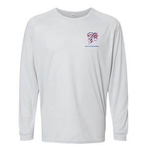 White long-sleeve shirt with a logo on the chest against a white background