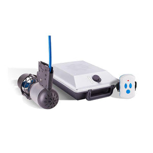 An underwater robotic camera system with a gray and black cylindrical submersible, a white and gray waterproof housing, and a small white remote control with blue details, shown on a clean white background.