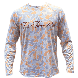 Long-sleeve shirt with camouflage pattern and 'Twitch Twitch Pause' text on a white background