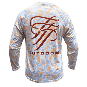 Long-sleeve shirt with camouflage pattern and brand logo on a white background
