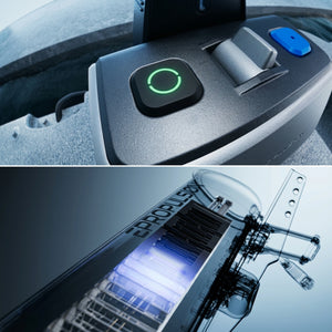 Close-up of a dark gray electronic control panel with a glowing green circular button and a blue switch for ePropulsion kLite 7500 outboard motor