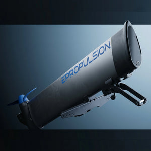 A sleek ePropulsion kLite 7500 shown at an angle against a dark blue gradient background. The body is primarily dark gray and black with blue accents on the thruster and branding.