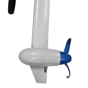 Close-up of a epropulsion white and blue boat propeller assembly on a clean white background.