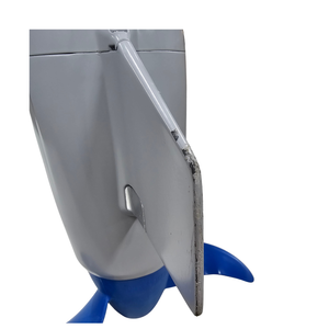 Close-up of a model epropulsion airplane tail fin and propeller, showing a light gray fuselage with blue propeller blades and a weathered, scratched edge on the fin.