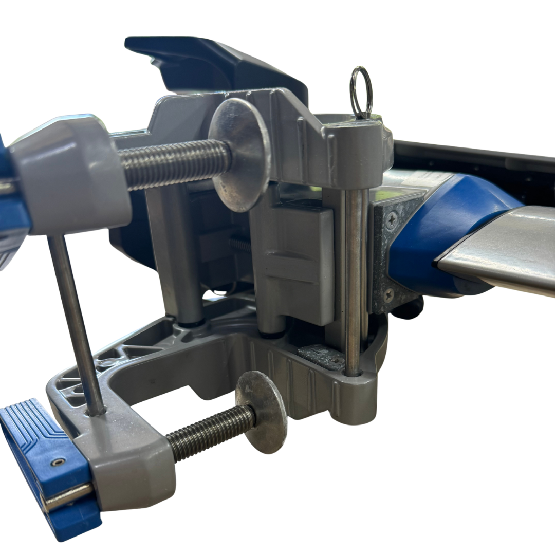 A close-up of a gray and blue epropulsion clamp-like tool or fixture with threaded screws and metal rods, shown against a plain white background.