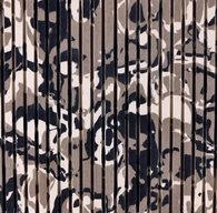 A close-up of a camouflage pattern featuring vertical black stripes over a beige, brown, and gray animal print background.