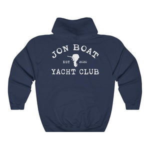 A navy blue pullover hoodie shown from the back, featuring a white graphic print that reads 'JON BOAT YACHT CLUB' with 'EST 2020' and a small silhouette detail in the center.