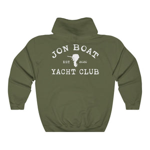 An olive green pullover hoodie shown from the back, featuring a distressed white graphic print that reads 'JON BOAT YACHT CLUB' with 'EST 2020' and a silhouette of a person holding a sailboat.