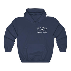 A navy blue pullover hoodie with a white graphic print on the chest reading 'JON BOAT YACHT CLUB' around a small sailboat silhouette, shown on a plain white background.