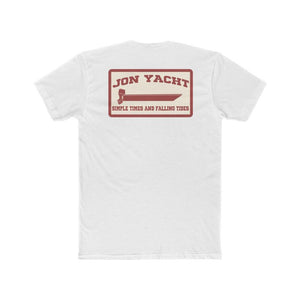 A white short-sleeve t-shirt shown from the back, featuring a rectangular graphic print in dark red and beige with the text 'JON YACHT' and 'SIMPLE TIMES AND FALLING TIES'.