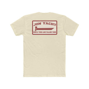 A cream-colored short-sleeve t-shirt shown from the back, featuring a red graphic print with the text 'JON YACHT' and 'SIMPLE TIMES AND FALLING TIES' inside a rectangular border.