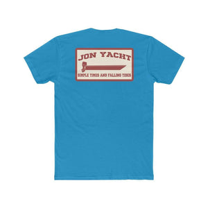 A bright blue short-sleeve t-shirt shown from the back, featuring a rectangular graphic print with a cream background and red text reading 'JON YACHT' and 'SIMPLE TIDES AND FALLING TIDES'.