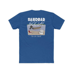 A blue short-sleeve t-shirt shown from the back, featuring a graphic print with the text 'SANDBAR SOCIAL' and 'The Fun Yacht' over an illustration of a beach scene with a surfboard and chair.