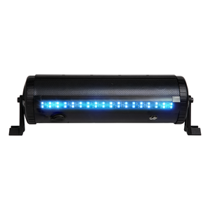 Black cylindrical light with blue LED strip on a white background