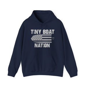 Navy blue hoodie with 'Tiny Boat Nation' text and graphic on a white background