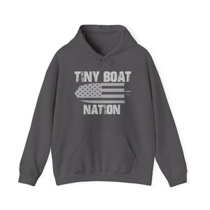 Gray hoodie with 'Tiny Boat Nation' text and graphic on a white background