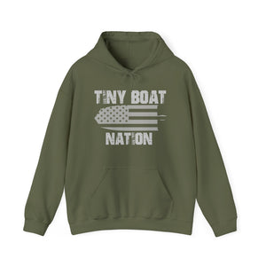 Green hoodie with 'Tiny Boat Nation' text and graphic on a white background