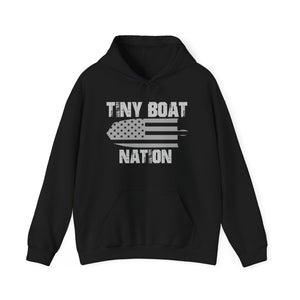 Black hoodie with 'Tiny Boat Nation' text and graphic on a white background