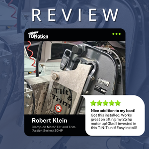 Product review card for a clamp-on motor tilt and trim unit with TNation branding.