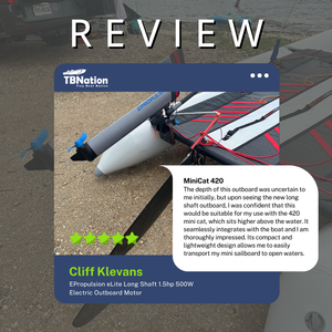 Product review of a miniCat 420 electric outboard motor with TBNation branding.