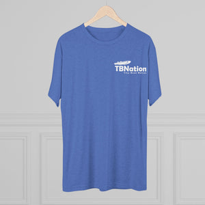 Blue t-shirt with 'TBNation' logo on a hanger against a gray background