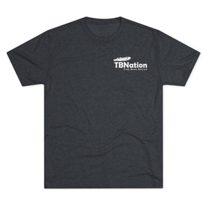 Dark gray t-shirt with a white logo on a white background